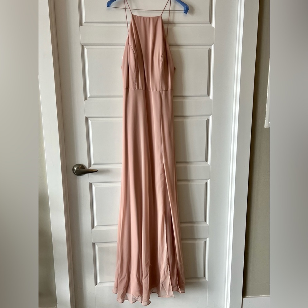 Dessy High Neck Chiffon bridesmaid Dress w/ Front Slit- toasted sugar, size 8